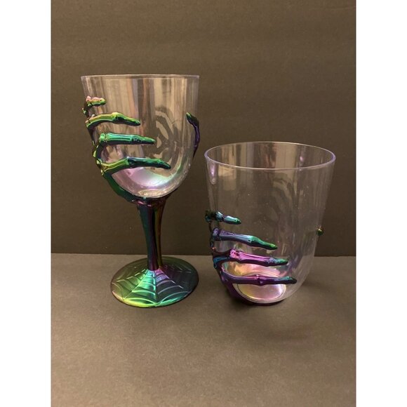 Set of 2 Multicolored 3D Skeleton Hand Goblets and Cup with Spider Web Base - Picture 1 of 9